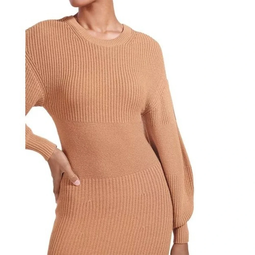Staud Marylebone Sweater Dress XS – Camel Knit Balloon Sleeve Ribbed Mini - Picture 3 of 8